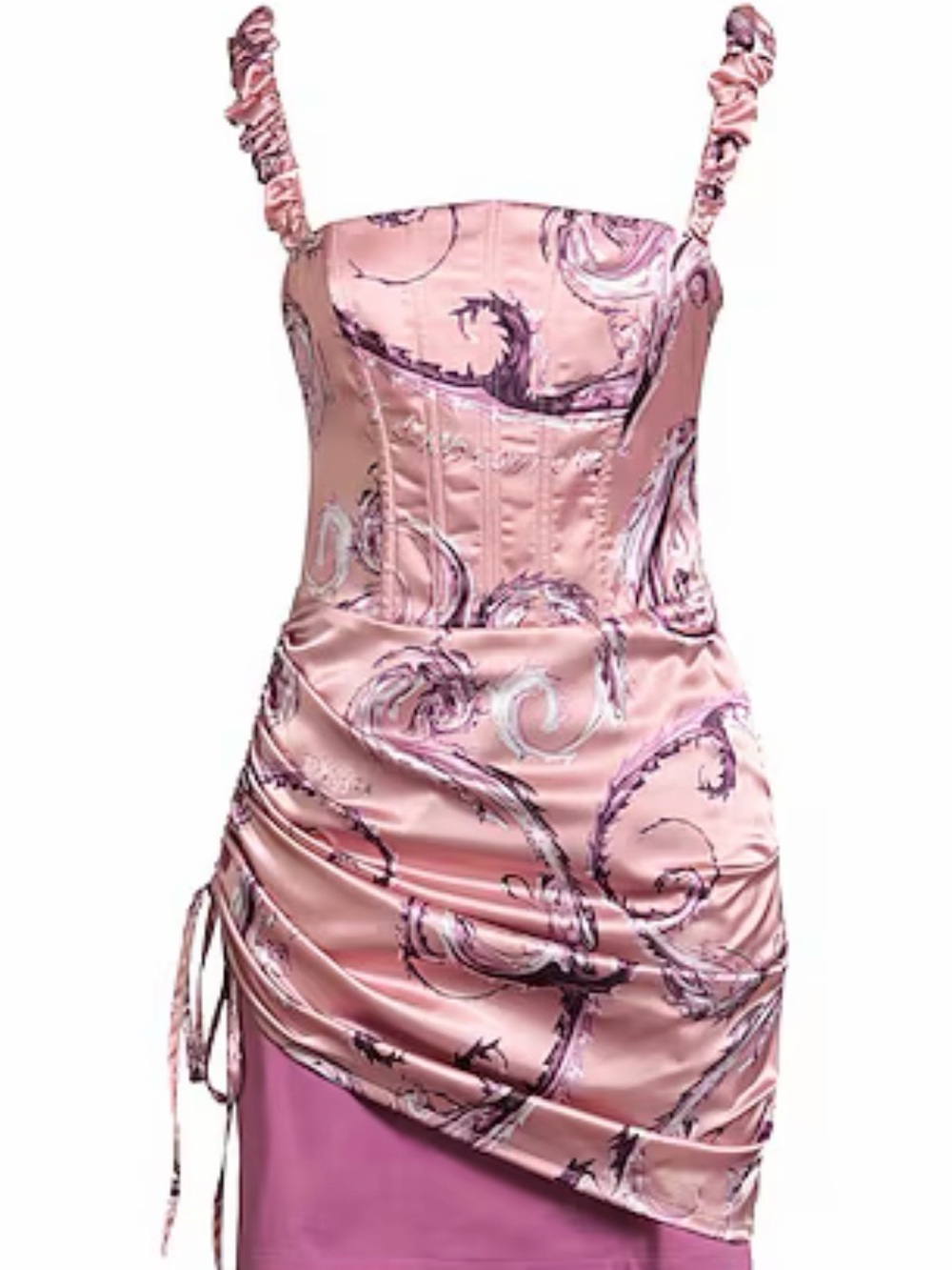 Versace Pink Satin Baroque-Print Ruched Mini Dress